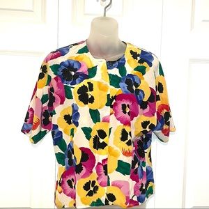 Vintage Y.Le.V Floral Print Silk Short Sleeve Blouse 80s